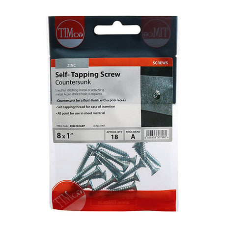 This is an image of Timco - Self-Tapping Screws - PZ - Countersunk - Zinc 8 x 1" - (18 PCS TIMpac) 00081CCAZP