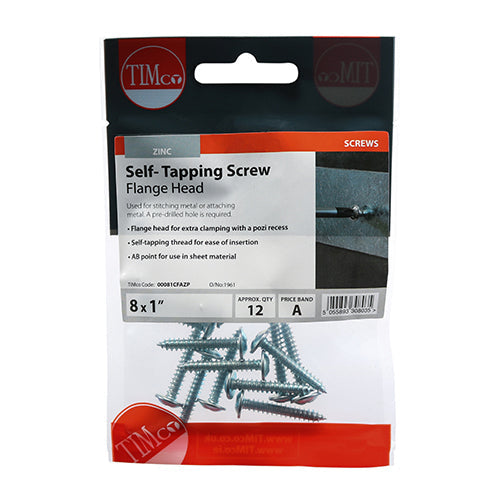 This is an image of Timco - Self-Tapping Screws - PZ - Flange Head - Zinc 8 x 1" - (12 PCS TIMpac) 00081CFAZP