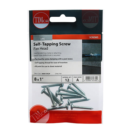 This is an image of Timco - Self-Tapping Screws - PZ - Pan - Zinc 8 x 1" - (12 PCS TIMpac) 00081CPAZP