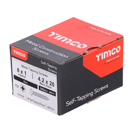 This is an image of Timco - Self-Tapping Screws - PZ - Pan - Zinc 8 x 1" - (200 PCS Box) 00081CPAZS