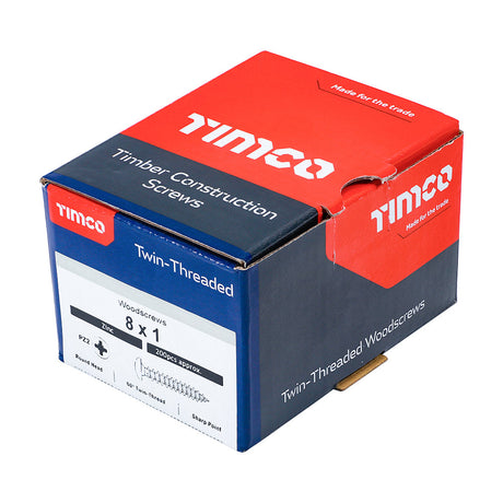This is an image of Timco - Twin-Threaded Woodscrews - PZ - Round - Zinc 8 x 1" - (200 PCS Box) 00081CRWZ