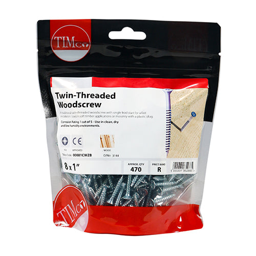 This is an image of Timco - Twin-Thread Woodscrews - PZ - Double Countersunk - Zinc 8 x 1" - (470 PCS TIMbag) 00081CWZB