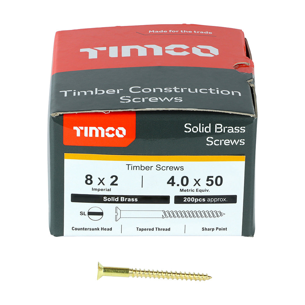 This is an image of Timco - Solid Brass Timber Screws - SLOT - Countersunk 8 x 2" - (200 PCS Box) 00082CBS