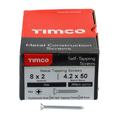 This is an image of Timco - Self-Tapping Screws - PZ - Countersunk - Zinc 8 x 2" - (200 PCS Box) 00082CCAZS