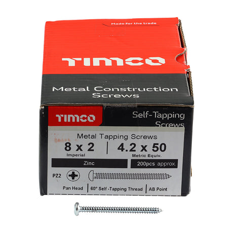 This is an image of Timco - Self-Tapping Screws - PZ - Pan - Zinc 8 x 2" - (200 PCS Box) 00082CPAZS