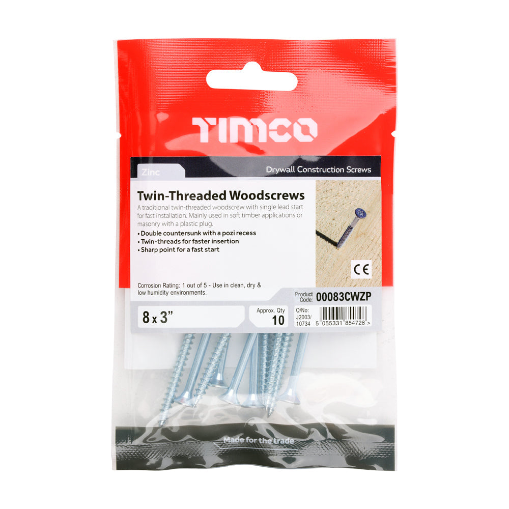 This is an image of Timco - Twin-Thread Woodscrews - PZ - Double Countersunk - Zinc 8 x 3" - (10 PCS TIMpac) 00083CWZP