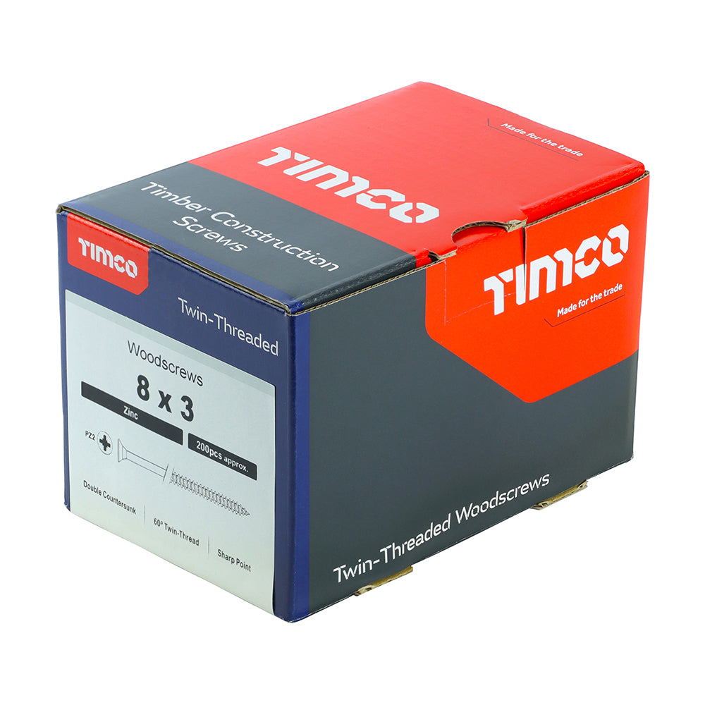 This is an image of Timco - Twin-Threaded Woodscrews - PZ - Double Countersunk - Zinc 8 x 3" - (200 PCS Box) 00083CWZ