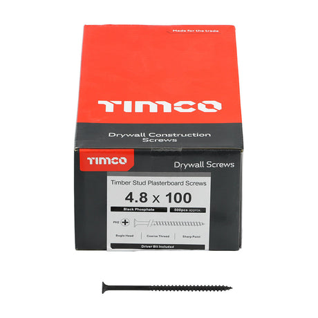 This is an image of Timco - Drywall Screws - PH - Bugle - Coarse Thread - Grey 4.8 x 100mm - (500 PCS Box) 00100DRYC