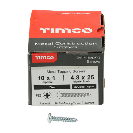 This is an image of Timco - Self-Tapping Screws - PZ - Pan - Zinc 10 x 1" - (200 PCS Box) 00101CPAZS