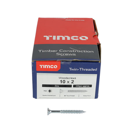 This is an image of Timco - Twin-Threaded Woodscrews - PZ - Round - Zinc 10 x 2" - (200 PCS Box) 00102CRWZ