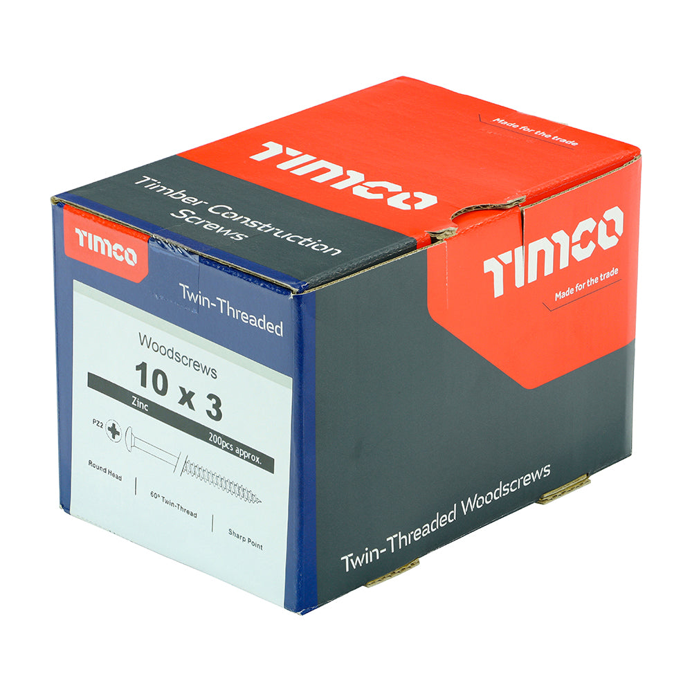 This is an image of Timco - Twin-Threaded Woodscrews - PZ - Round - Zinc 10 x 3" - (200 PCS Box) 00103CRWZ
