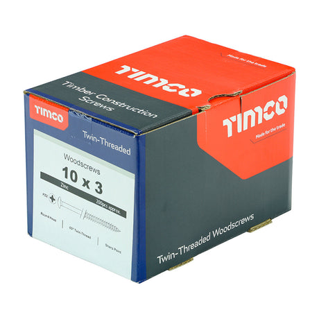 This is an image of Timco - Twin-Threaded Woodscrews - PZ - Round - Zinc 10 x 3" - (200 PCS Box) 00103CRWZ