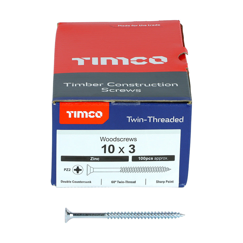 This is an image of Timco - Twin-Threaded Woodscrews - PZ - Double Countersunk - Zinc 10 x 3" - (100 PCS Box) 00103CWZ100