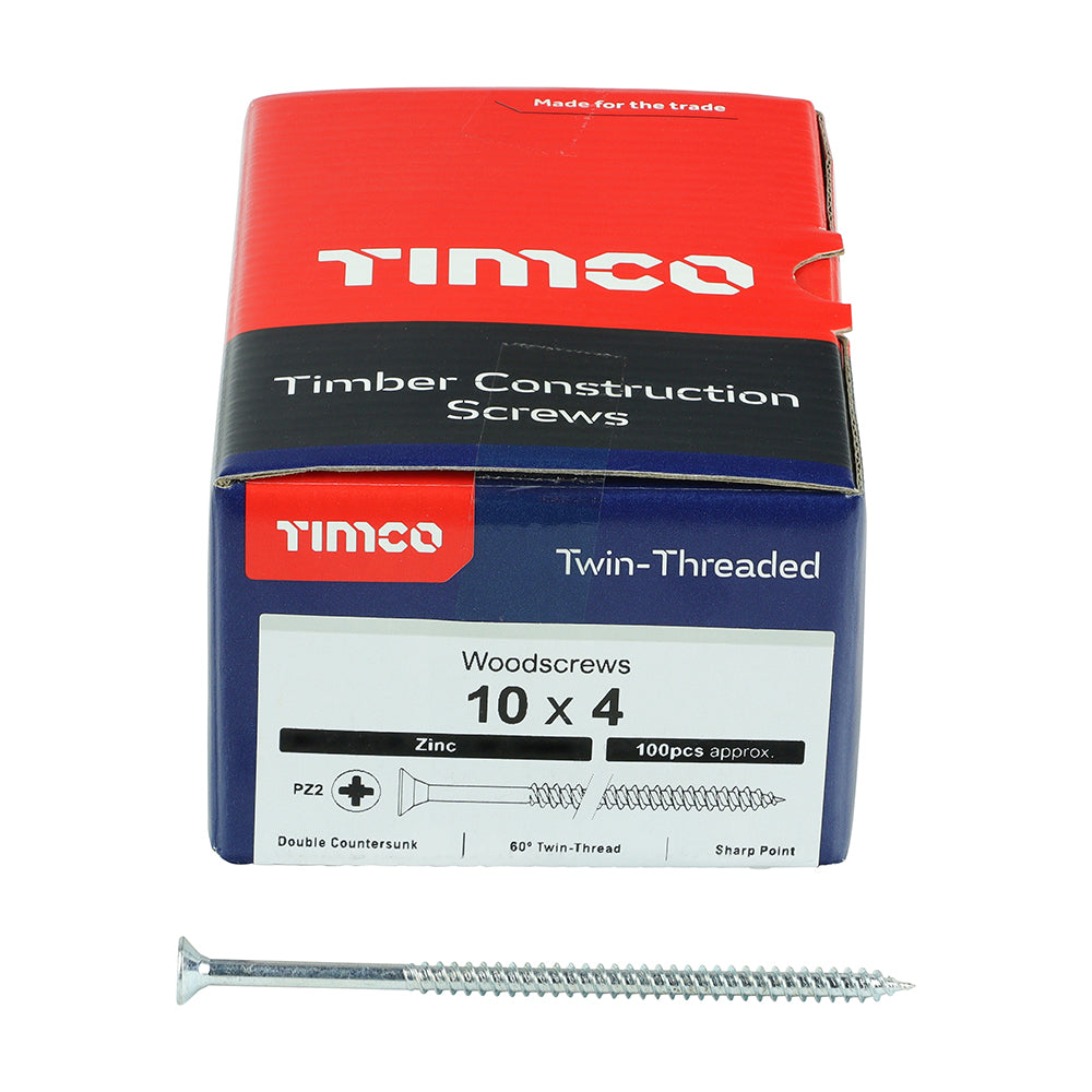 This is an image of Timco - Twin-Threaded Woodscrews - PZ - Double Countersunk - Zinc 10 x 4" - (100 PCS Box) 00104CWZ