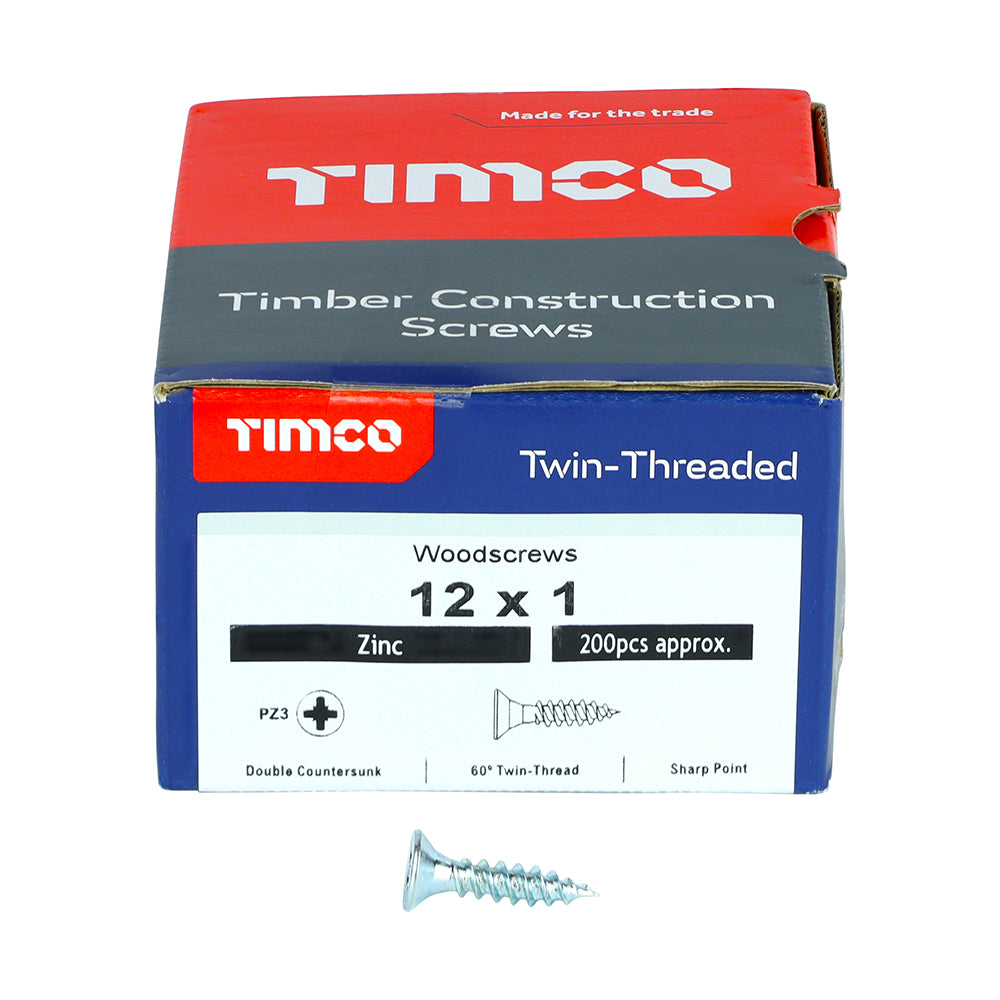 This is an image of Timco - Twin-Threaded Woodscrews - PZ - Double Countersunk - Zinc 12 x 1" - (200 PCS Box) 00121CWZ