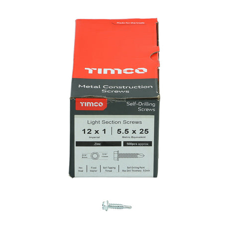 This is an image of Timco - Metal Construction Light Section Screws - Hex - Self-Drilling - Zinc 12 x 1" - (500 PCS Box) 00121HWSD