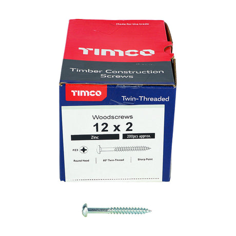 This is an image of Timco - Twin-Threaded Woodscrews - PZ - Round - Zinc 12 x 2" - (200 PCS Box) 00122CRWZ