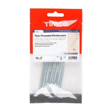 This is an image of Timco - Twin-Threaded Woodscrews - PZ - Double Countersunk - Zinc 12 x 3" - (6 PCS TIMpac) 00123CWZP