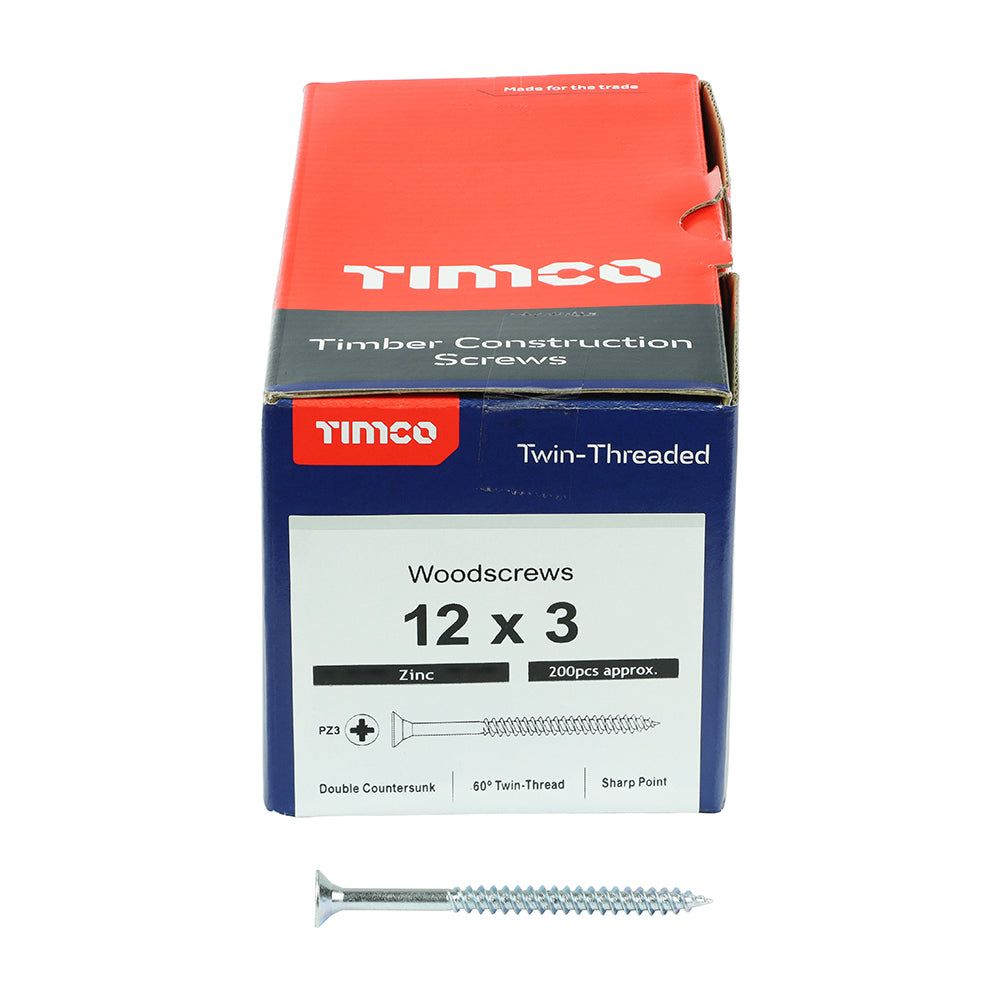 This is an image of Timco - Twin-Threaded Woodscrews - PZ - Double Countersunk - Zinc 12 x 3" - (200 PCS Box) 00123CWZ