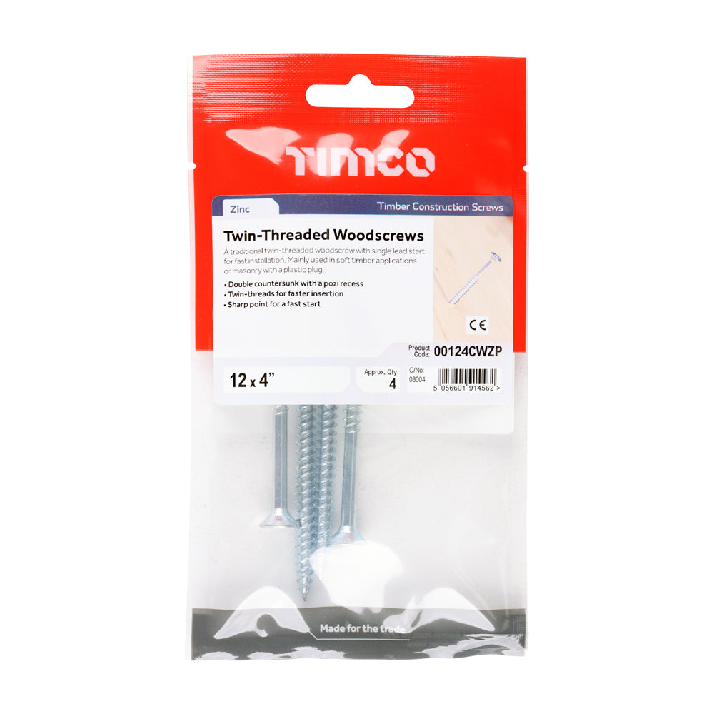 This is an image of Timco - Twin-Threaded Woodscrews - PZ - Double Countersunk - Zinc 12 x 4" - (4 PCS TIMpac) 00124CWZP