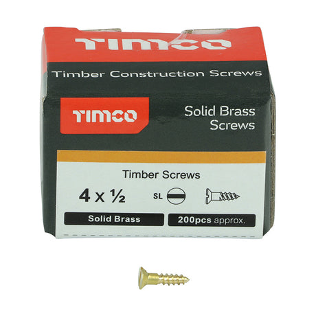 This is an image of Timco - Solid Brass Timber Screws - SLOT - Countersunk 4 x 1/2" - (200 PCS Box) 00412CBS