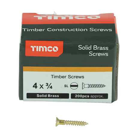 This is an image of Timco - Solid Brass Timber Screws - SLOT - Countersunk 4 x 3/4" - (200 PCS Box) 00434CBS