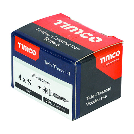 This is an image of Timco - Twin-Threaded Woodscrews - PZ - Double Countersunk - Zinc 4 x 3/4" - (200 PCS Box) 00434CWZ