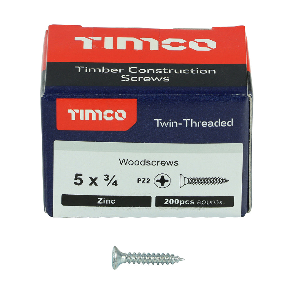This is an image of Timco - Twin-Threaded Woodscrews - PZ - Double Countersunk - Zinc 5 x 3/4" - (200 PCS Box) 00534CWZ