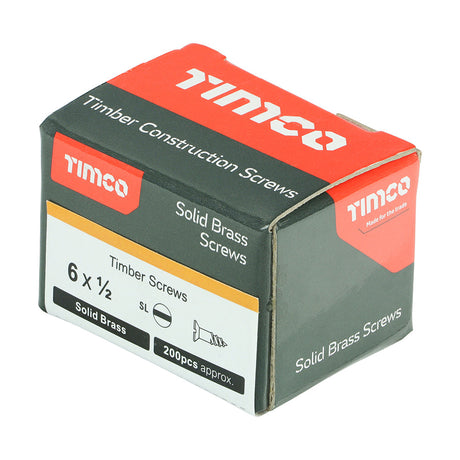 This is an image of Timco - Solid Brass Timber Screws - SLOT - Countersunk 6 x 1/2" - (200 PCS Box) 00612CBS