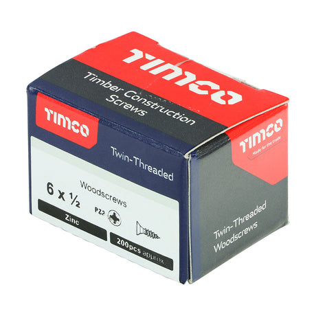 This is an image of Timco - Twin-Threaded Woodscrews - PZ - Double Countersunk - Zinc 6 x 1/2" - (200 PCS Box) 00612CWZ