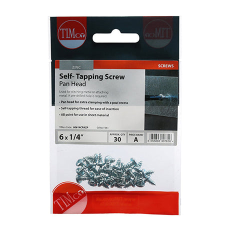 This is an image of Timco - Self-Tapping Screws - PZ - Pan - Zinc 6 x 1/4" - (30 PCS TIMpac) 00614CPAZP