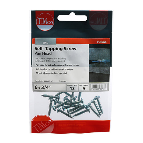This is an image of Timco - Self-Tapping Screws - PZ - Pan - Zinc 6 x 3/4" - (18 PCS TIMpac) 00634CPAZP