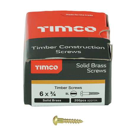 This is an image of Timco - Solid Brass Timber Screws - SLOT - Round 6 x 3/4" - (200 PCS Box) 00634RBS