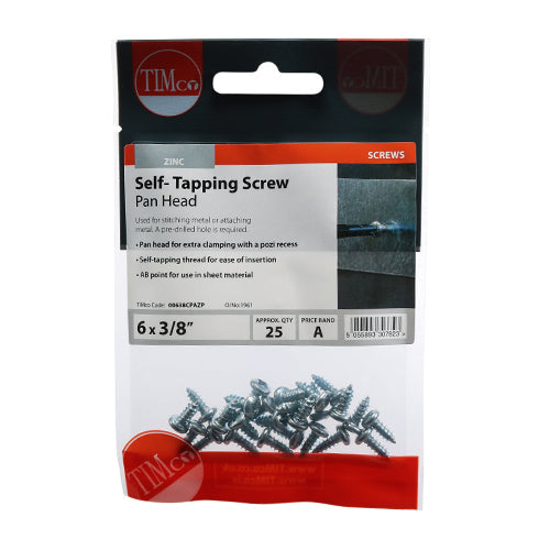 This is an image of Timco - Self-Tapping Screws - PZ - Pan - Zinc 6 x 3/8" - (25 PCS TIMpac) 00638CPAZP