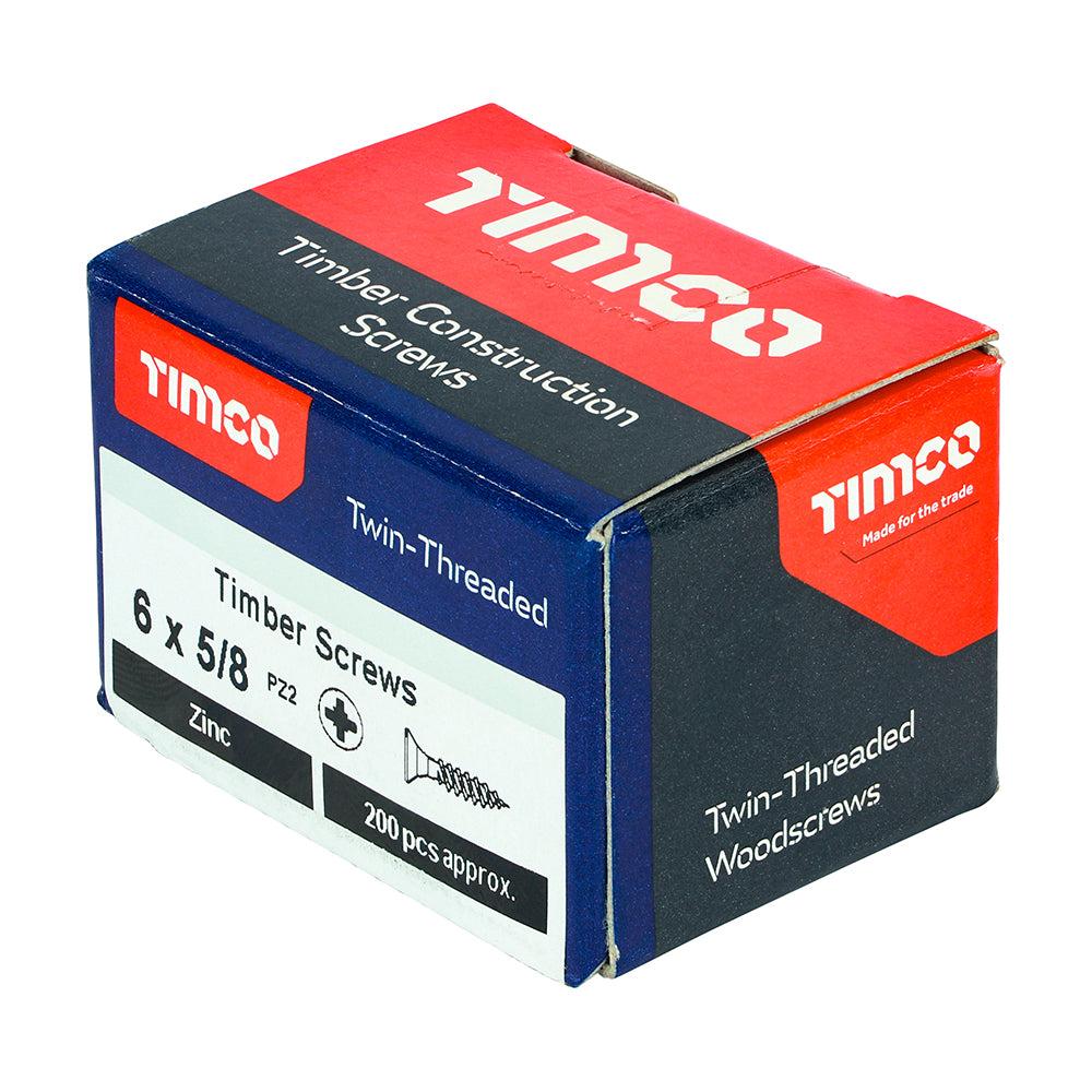 This is an image of Timco - Twin-Threaded Woodscrews - PZ - Double Countersunk - Zinc 6 x 5/8" - (200 PCS Box) 00658CWZ