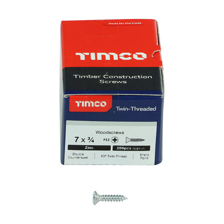This is an image of Timco - Twin-Threaded Woodscrews - PZ - Double Countersunk - Zinc 7 x 3/4" - (200 PCS Box) 00734CWZ