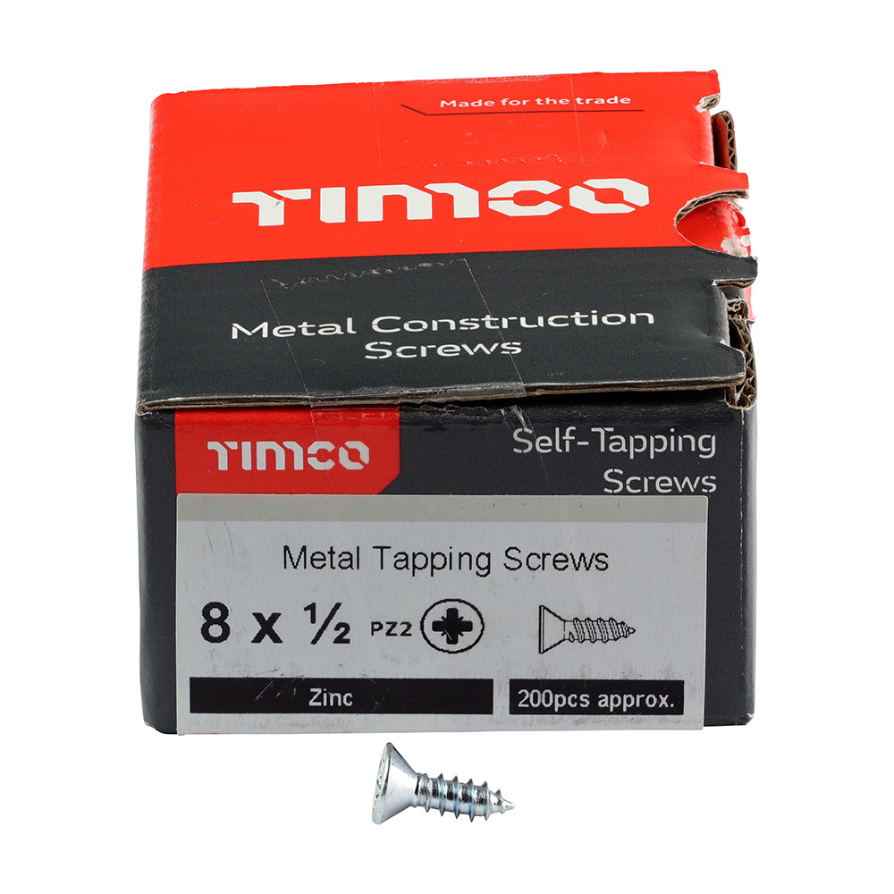 This is an image of Timco - Metal Tapping Screws - PZ - Countersunk - Self-Tapping - Zinc 8 x 1/2" - (200 PCS Box) 00812CCAZS