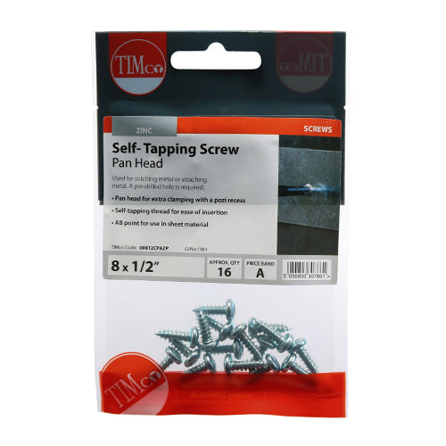 This is an image of Timco - Self-Tapping Screws - PZ - Pan - Zinc 8 x 1/2" - (16 PCS TIMpac) 00812CPAZP