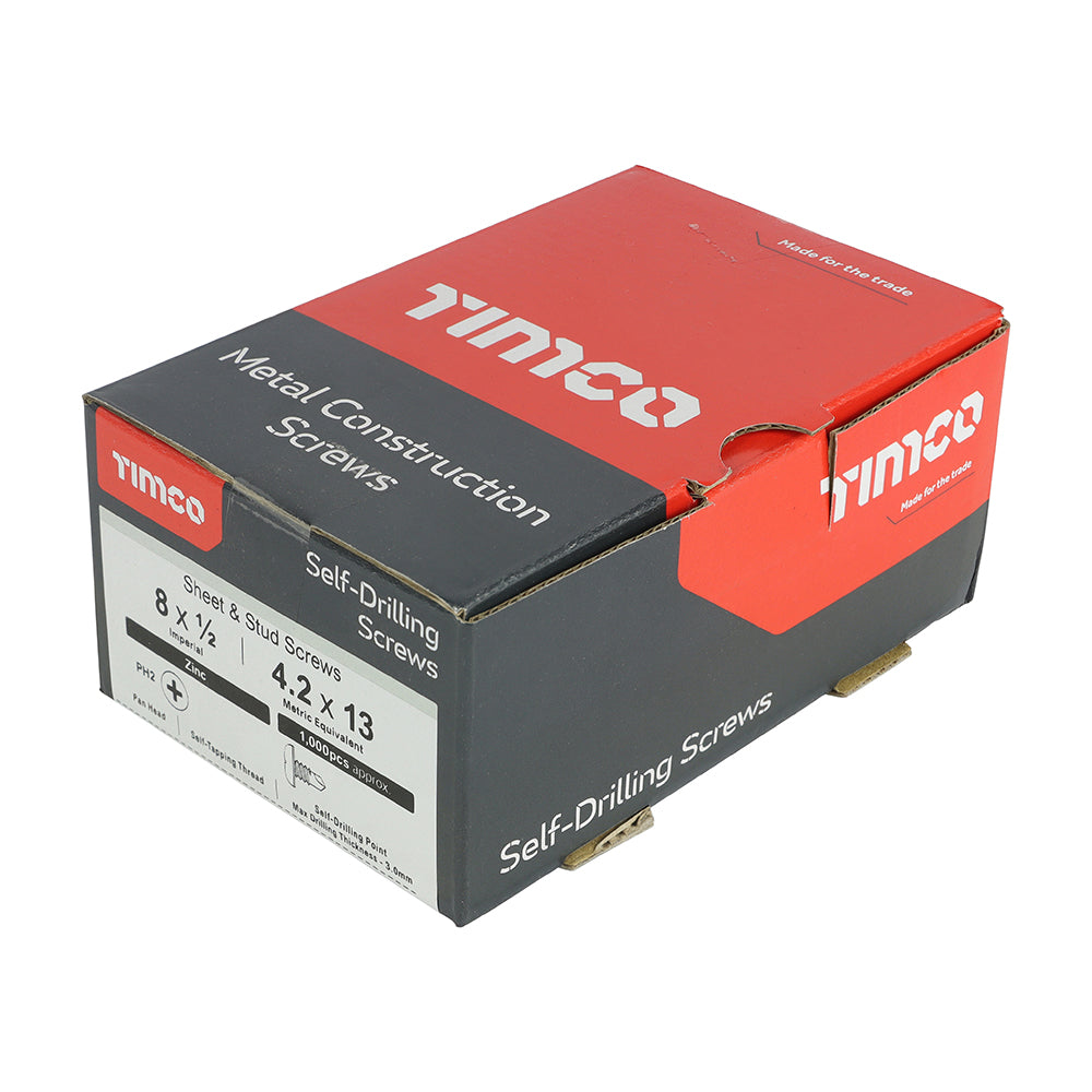 This is an image of Timco - Metal Construction Sheet & Stud Screws - PH - Pan - Self-Drilling - Zinc 8 x 1/2" - (1000 PCS Box) 00812PPSD