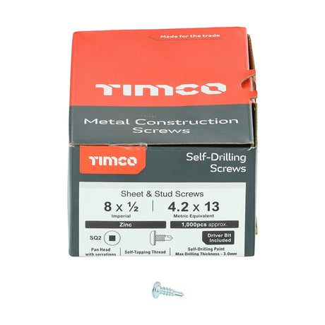 This is an image of Timco - Metal Construction Sheet & Stud Screws - SQ - Pan - Self-Drilling - Zinc 8 x 1/2" - (1000 PCS Box) 00812SPSD
