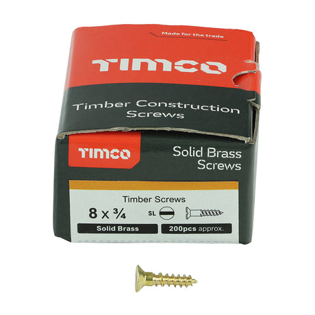 This is an image of Timco - Solid Brass Timber Screws - SLOT - Countersunk 8 x 3/4" - (200 PCS Box) 00834CBS