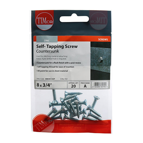 This is an image of Timco - Self-Tapping Screws - PZ - Countersunk - Zinc 8 x 3/4" - (20 PCS TIMpac) 00834CCAZP