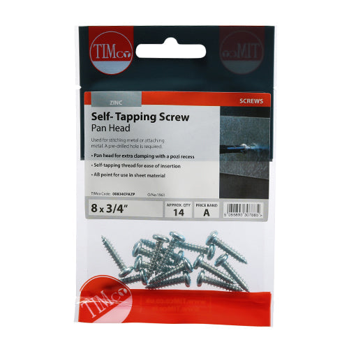 This is an image of Timco - Self-Tapping Screws - PZ - Pan - Zinc 8 x 3/4" - (14 PCS TIMpac) 00834CPAZP