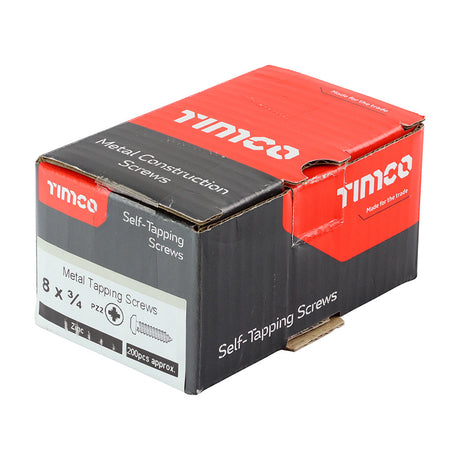 This is an image of Timco - Self-Tapping Screws - PZ - Pan - Zinc 8 x 3/4" - (200 PCS Box) 00834CPAZS