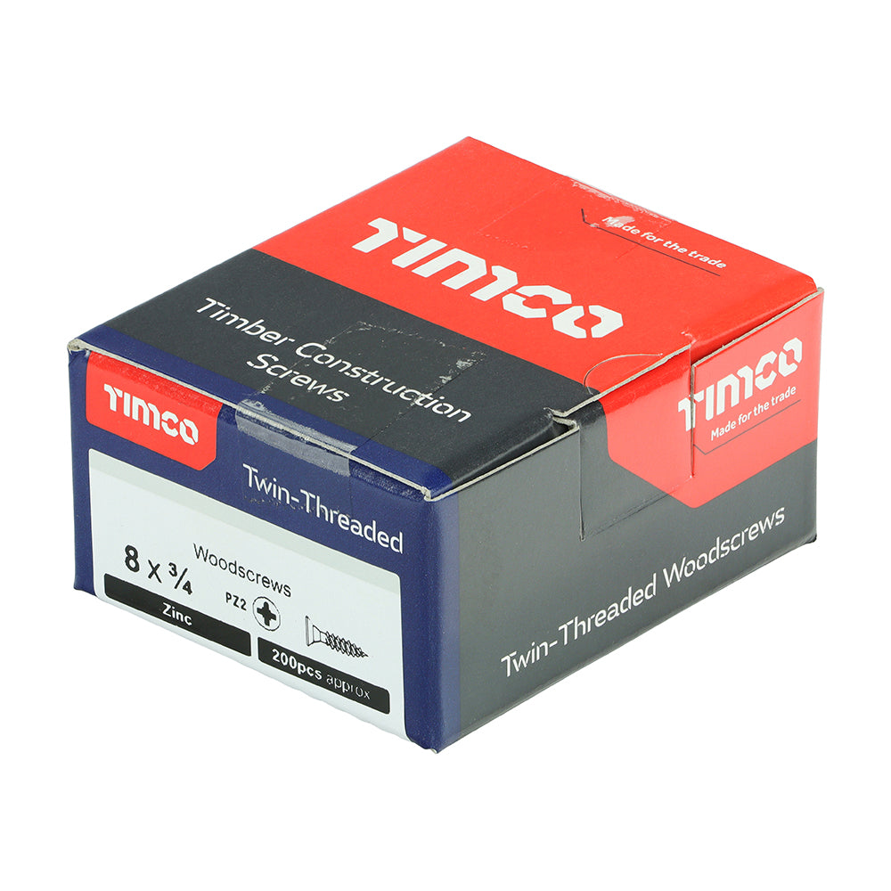 This is an image of Timco - Twin-Threaded Woodscrews - PZ - Double Countersunk - Zinc 8 x 3/4" - (200 PCS Box) 00834CWZ