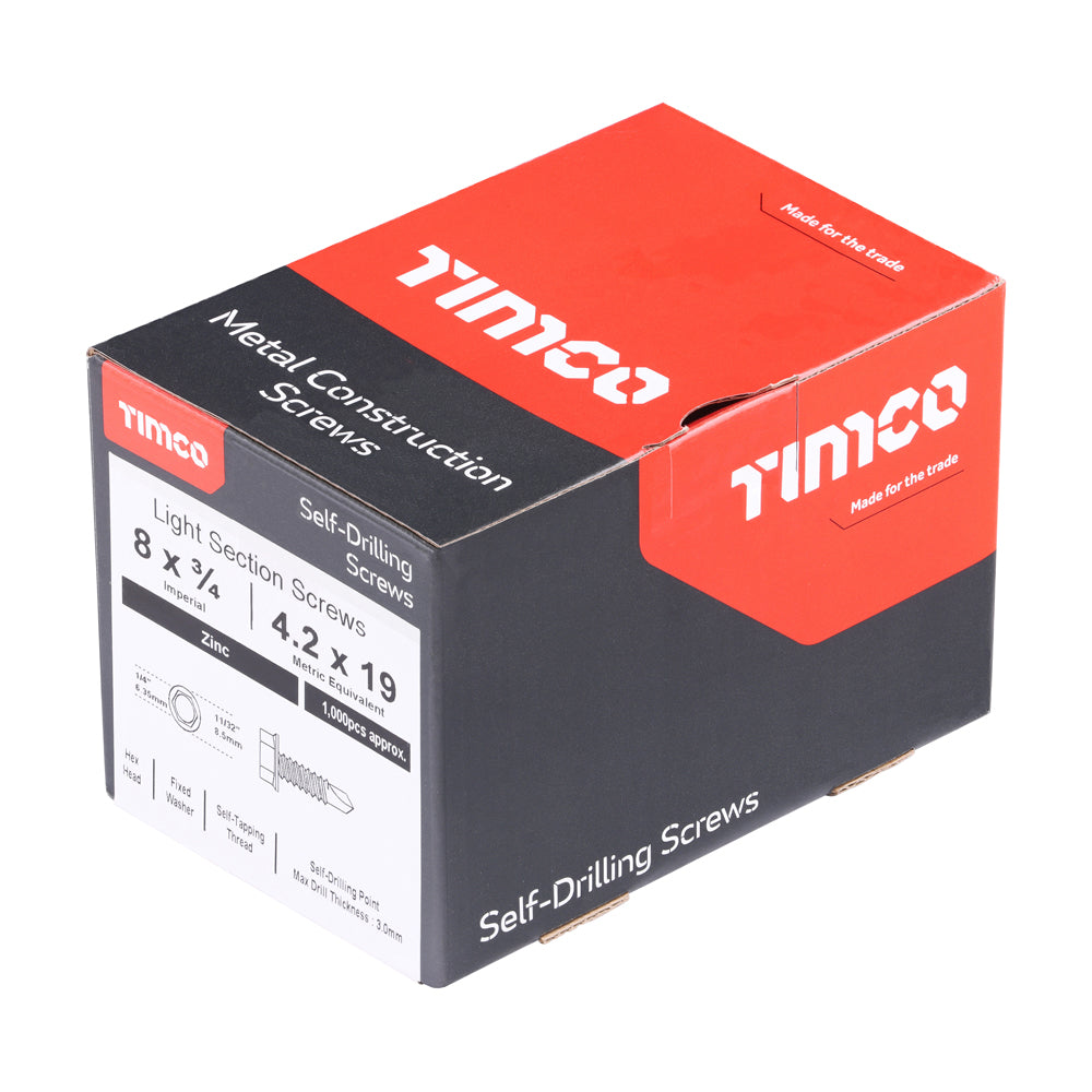 This is an image of Timco - Metal Construction Light Section Screws - Hex - Self-Drilling - Zinc 8 x 3/4" - (1000 PCS Box) 00834HWSD