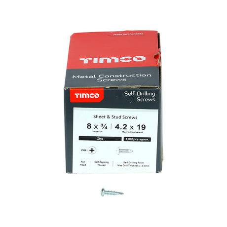 This is an image of Timco - Metal Construction Sheet & Stud Screws - PH - Pan - Self-Drilling - Zinc 8 x 3/4" - (1000 PCS Box) 00834PPSD