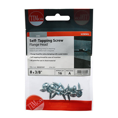This is an image of Timco - Self-Tapping Screws - PZ - Flange Head - Zinc 8 x 3/8" - (16 PCS TIMpac) 00838CFAZP