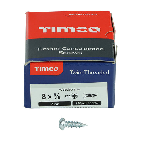 This is an image of Timco - Twin-Threaded Woodscrews - PZ - Round - Zinc 8 x 5/8" - (200 PCS Box) 00858CRWZ