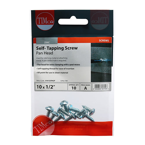 This is an image of Timco - Self-Tapping Screws - PZ - Pan - Zinc 10 x 1/2" - (10 PCS TIMpac) 01012CPAZP